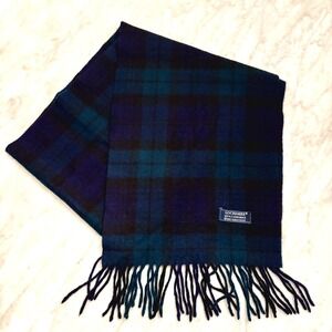 Vintage Lochmere 100% Cashmere Plaid Scarf Blue Green Tartan Fringe 58x11